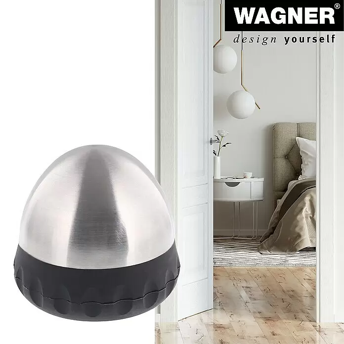 Wagner System Bodentürstopper EH5211 - Ø x H: 93 x 75 mm, Stahl - Ein silberner und schwarzer kuppelförmiger Türstopper auf dem Boden, der eine weiße Tür zu einem modernen Schlafzimmer offen hält.