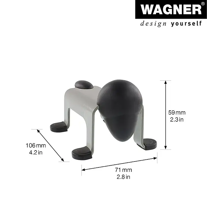 Wagner System Bodentürstopper EH5207 - L x B x H: 59 x 106 x 71 mm, Stahl, Grau - Nahaufnahme eines Wagner-Möbelrollers mit Größenangaben. Ideal zum Bewegen schwerer Möbel, mit präzisen Maßen für technische Details.