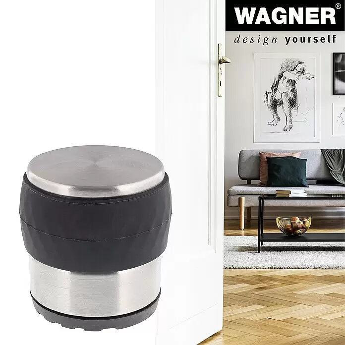 Wagner System Bodentürstopper EH5212 - Ø x H: 71 x 70 mm, Stahl - Zylindrischer Türstopper aus Edelstahl und schwarzem Gummi, der eine offene weiße Tür hält.