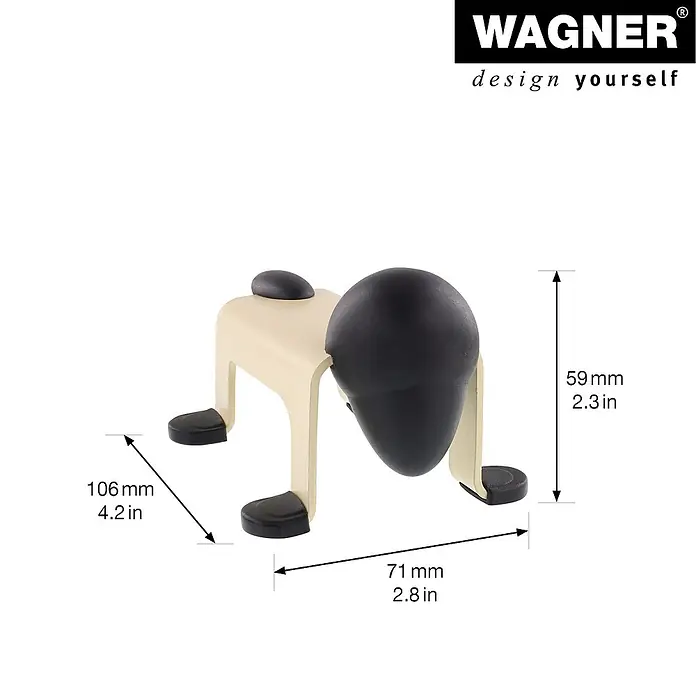 Wagner System Bodentürstopper EH5206 - L x B x H: 59 x 106 x 71 mm, Stahl, Gelb - Produktansicht des Wagner Türstopper mit Größenangaben. Das Produkt ist beige mit schwarzen Details und hat eine einzigartige Form.