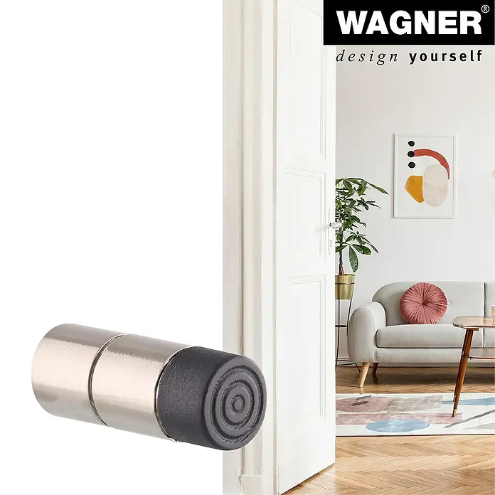 Wagner System Wandtürstopper EH5113 - 1 Stk., Edelstahl-Optik - Bild eines Türstoppers von Wagner mit Gummiende, der die Tür vor Beschädigungen schützt und ein modernes Design aufweist.\n