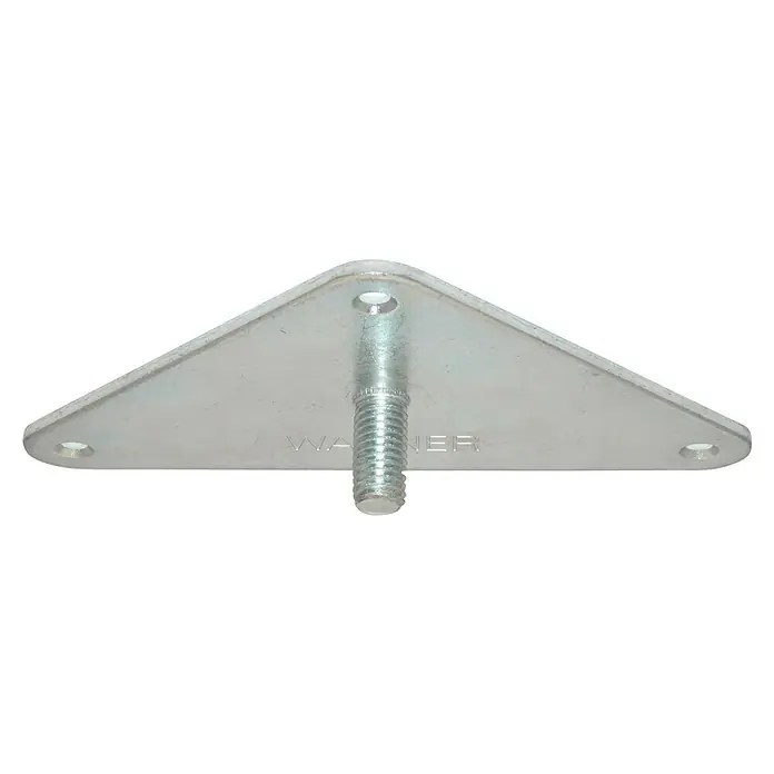 Wagner System Anschraubplatte - B x L: 110 x 140 mm, Stahl - Dreieckige, verzinkte Halterung mit Gewindebolzen und drei Befestigungslöchern für eine sichere Montage und langlebige Konstruktion.