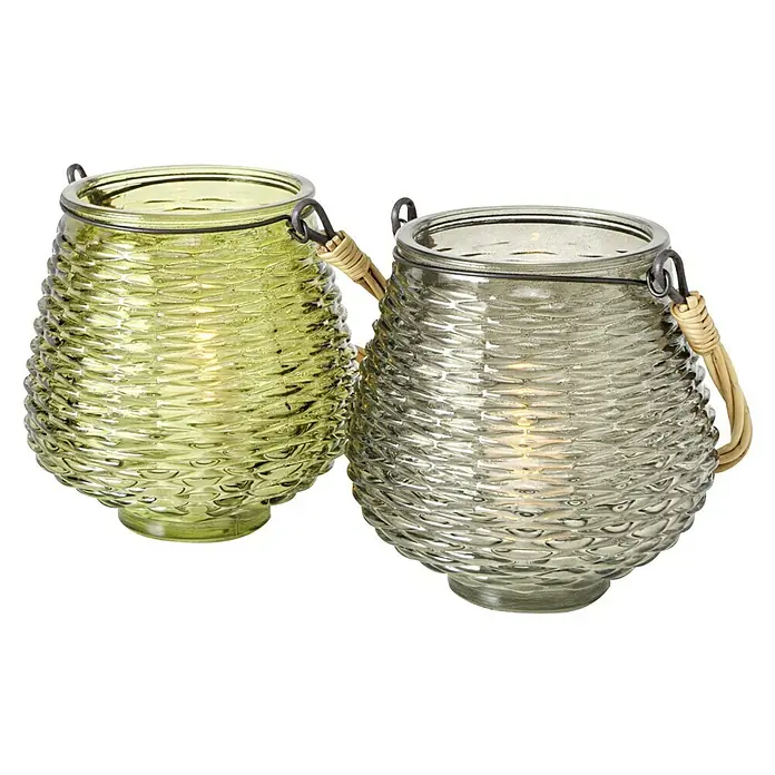 Windlicht Korby - 1 Stk., Ø x H: 13 x 14 cm, Grau - Dekoratives Windlicht-Set aus Glas mit gewebter Struktur und Griffen für stimmungsvolle Beleuchtung im Innenbereich.
