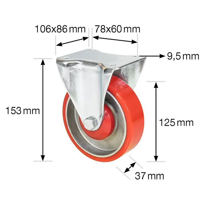 Wagner System Schwerlastrolle - Durchmesser Rollen: 125 mm, Traglast: 300 kg, Kugellager, Mit Platte - Produktbild eines Lenkrolle mit den Maßen 106x86 mm (oben), 78x60 mm (mittig), 9,5 mm (seitlich), 153 mm (Höhe), 125 mm (Rad), 37 mm (Radbreite).