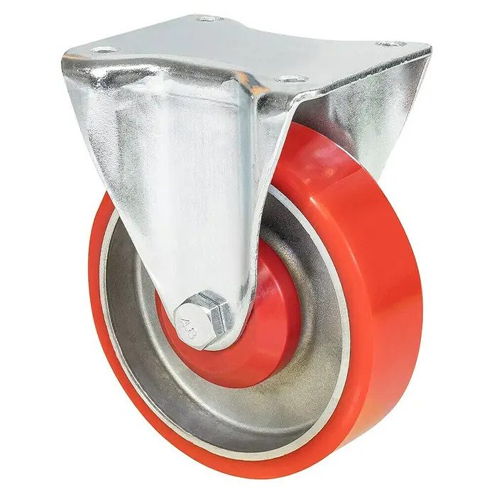 Wagner System Schwerlastrolle - Durchmesser Rollen: 125 mm, Traglast: 300 kg, Kugellager, Mit Platte - Das Bild zeigt ein robustes Lenkrolle mit rotem Rad und verzinktem Gehäuse, ideal für industrielle Anwendungen.