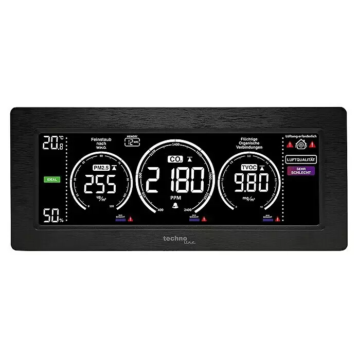 Technoline Luftqualitätsmonitor WL1035 - Digitales Display, Netzbetrieben, 4,8 x 22,9 x 9,8 cm - Schwarzer digitaler Luftqualitätsmonitor zeigt Temperatur, Feuchtigkeit, PM2.5, CO2 und TVOC-Werte mit Warnungen bei sehr schlechter Luftqualität.