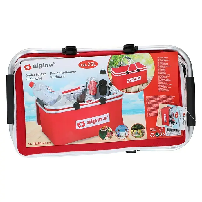 Nevera portátil - 28 x 48 x 24 cm, Rojo, 25 l - Imagen de una nevera portátil Alpina con estructura de aluminio, tela roja y capacidad de unos 25 litros, ideal para picnics y excursiones.