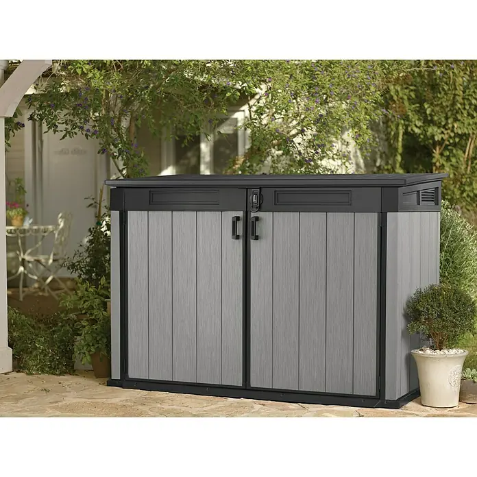 Keter Truhe Grande Store - Außenmaß inkl. Dachüberstand (B x T): 191 x 109 cm, Kunststoff, Grau, Geeignet für Anzahl Mülltonnen: 3 Stk. - Graue Gartentruhe mit Doppeltüren und schwarzem Rahmen, ideal zur Aufbewahrung im Freien.