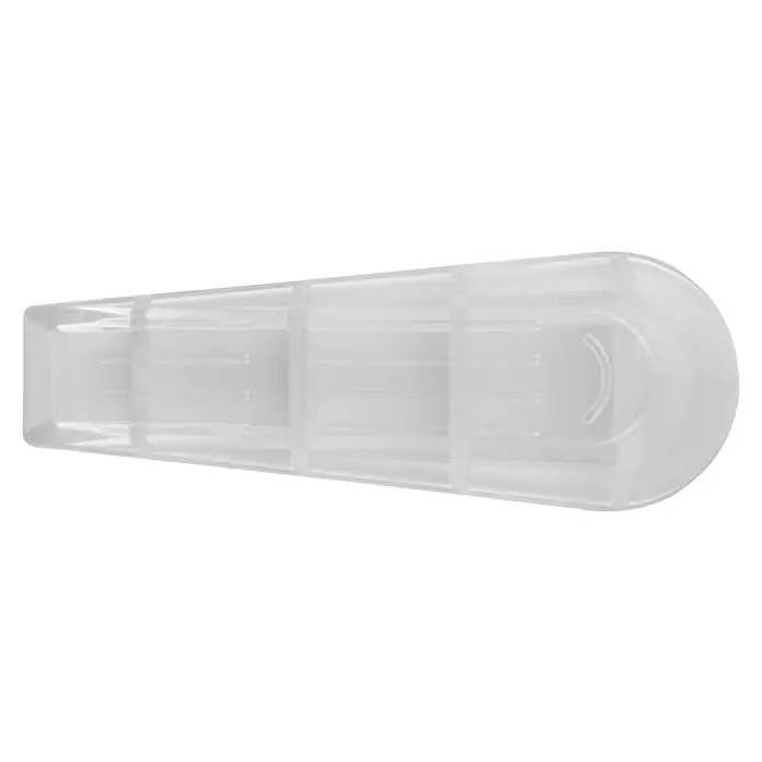 Walteco Türkeil - L x H: 100 x 36 mm, Material: Sonstiges - Ein durchsichtiger, keilförmiger Türstopper aus Kunststoff wird auf schwarzem Hintergrund gezeigt, um Türen offen zu halten und Schäden zu vermeiden.
