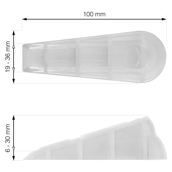 Walteco Türkeil - L x H: 100 x 36 mm, Material: Sonstiges - Abbildung eines transparenten Türkeils mit Größenangaben zur Veranschaulichung der Produktabmessungen.