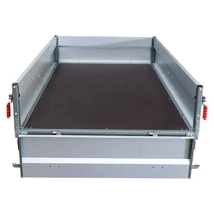 Stema Anhänger BASIC STL 750-25 - Nutzlast: 573 kg, Einachser, Kasteninnenmaß: 251 x 128 x 35 cm, Ungebremst - Ansicht des robusten Anhängers mit silbernen Seitenwänden und schwarzem Boden, ideal für den Transport schwerer Güter.