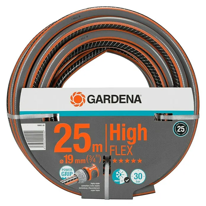 Gardena Schlauch Comfort High Flex - Länge: 25 m, Schlauchdurchmesser: 19 mm - Das Bild zeigt einen Gardena HighFLEX Gartenschlauch, 25 m lang und 19 mm im Durchmesser, mit Power Grip, frost- und UV-beständig, druckfest bis 30 bar.
