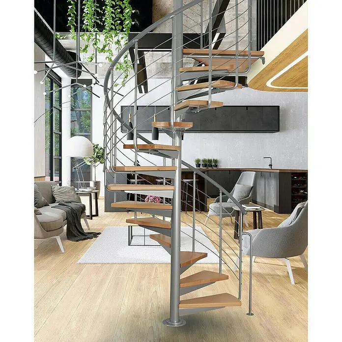 Atrium Spindeltreppe System - Farbton Metall: RAL 9006, Durchmesser: 168 cm, Buche, Geschosshöhe: 280 cm - 300 cm - Die Wendeltreppe ist eine stilvolle Ergänzung für jeden Raum, die durch ihr modernes Design und ihre hochwertige Verarbeitung besticht.