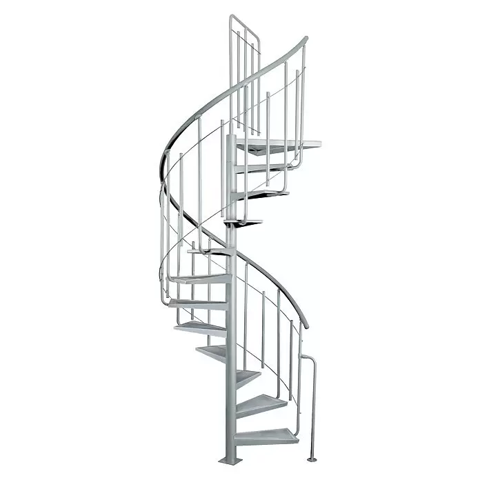 Atrium Spindeltreppe Solo Vertical - Farbton Metall: RAL 9006, Durchmesser: 120 cm, Stahl, Geschosshöhe: 264 cm - 286 cm - Silberne Metall-Wendeltreppe mit Stufen und Geländer für vertikalen Zugang.