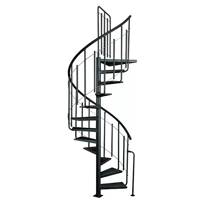 Atrium Spindeltreppe Solo Vertical - Farbton Metall: RAL 9005, Durchmesser: 120 cm, Stahl, Geschosshöhe: 264 cm - 286 cm - Schwarze Metallwendeltreppe mit Mittelpfosten, Einzelstufen und Geländer mit vertikalen Balustern und horizontalen Drähten.