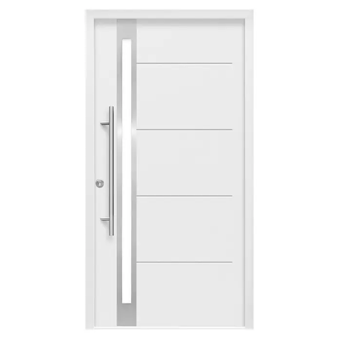 Splendoor Haustür Thermodoor PLUS SP30 - 100 x 210 cm, DIN Anschlag: Links, Verkehrsweiß - Bild einer weißen Haustür mit vertikalem Glaselement und modernem Türgriff. Das Design ist schlicht und elegant.