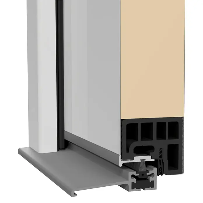 Splendoor Haustür Thermodoor PLUS SPL - 100 x 210 cm, DIN Anschlag: Rechts, Verkehrsweiß - Nahaufnahme eines Türschwellenprofils, das seine Konstruktion und Materialzusammensetzung zeigt. Ideal für Bau- und Sanierungsprojekte.
