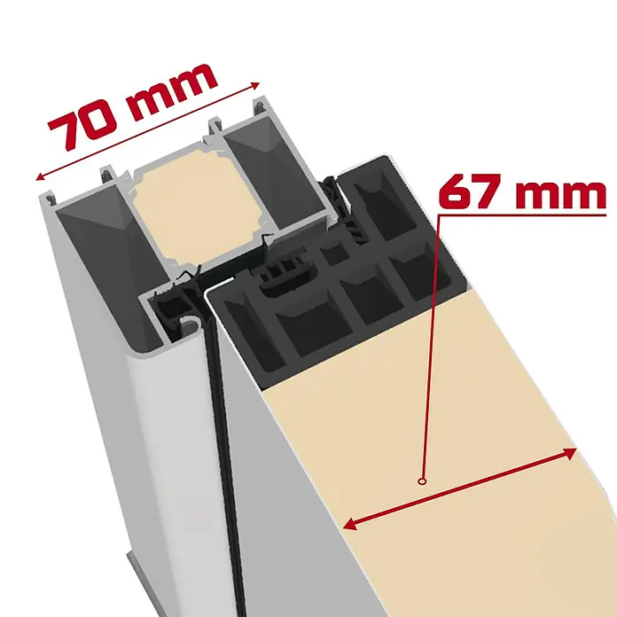 Splendoor Haustür Thermodoor PLUS SPL - 100 x 210 cm, DIN Anschlag: Rechts, Verkehrsweiß - Produktdetailaufnahme eines Fensterprofils mit Maßangaben.