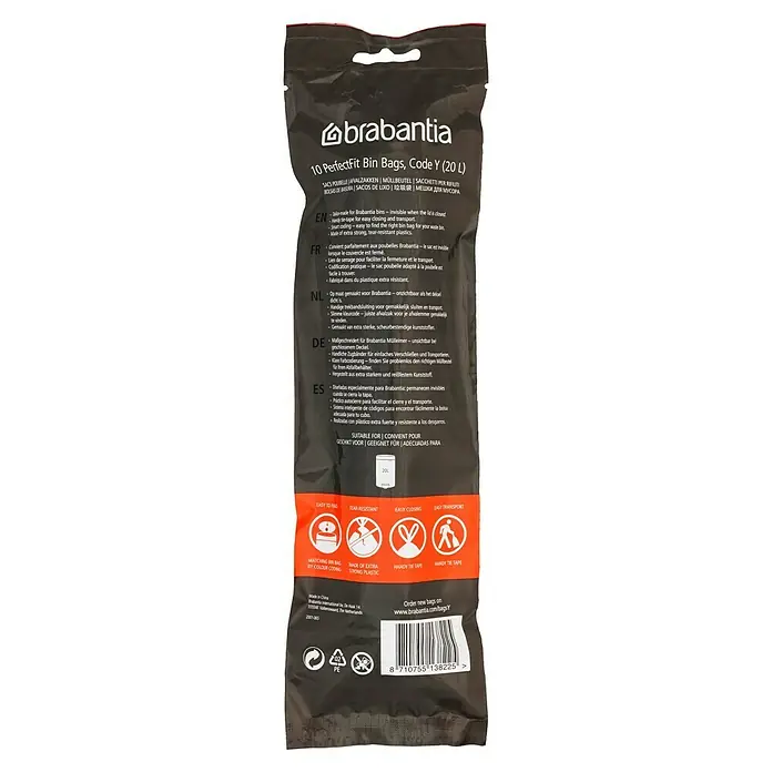 Brabantia Bolsas de basura PerfectFit - 20 l, 10 ud. - Las bolsas de basura PerfectFit de Brabantia, código Y (20 L), son extra fuertes, resistentes al desgarro y tienen una cinta para atar fácilmente.