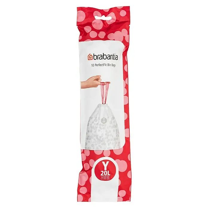 Brabantia Bolsas de basura PerfectFit - 20 l, 10 ud. - Paquete de bolsas de basura Brabantia PerfectFit, 20L, embalaje rojo con lunares, con logo Brabantia y detalles del producto.