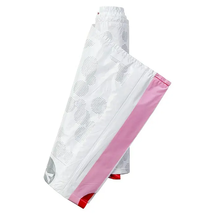 Brabantia Bolsas de basura PerfectFit - 20 l, 10 ud. - Un rollo de bolsas de basura compostables con una franja rosa y un patrón de círculos y líneas, ideales para la gestión de residuos domésticos.