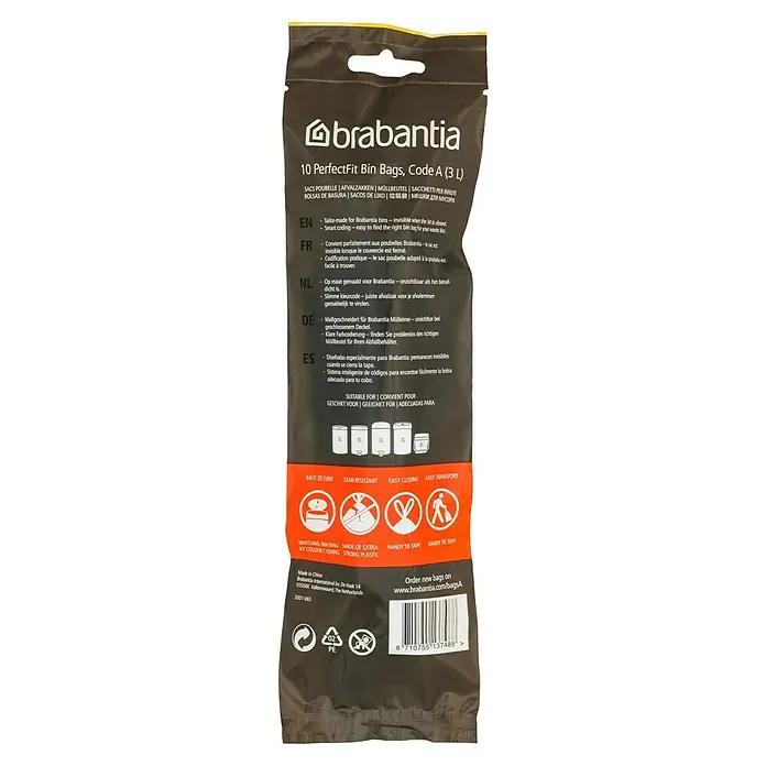 Brabantia Bolsas de basura PerfectFit - 3 l, 10 ud. - Embalaje de bolsas de basura Brabantia PerfectFit, código A (3L), destacando ajuste, resistencia al desgarro y facilidad de uso.
