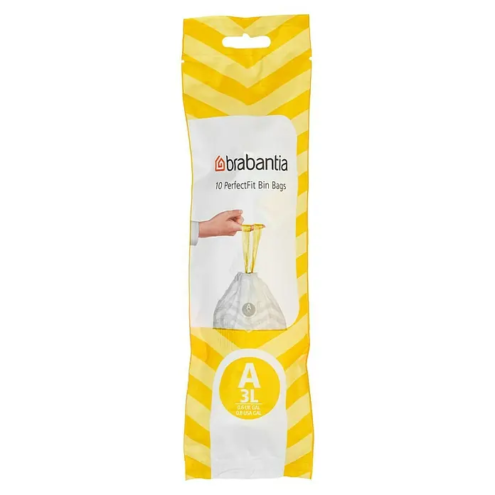 Brabantia Bolsas de basura PerfectFit - 3 l, 10 ud. - Bolsas de basura Brabantia PerfectFit, tamaño A, 3 litros. Ajuste perfecto, resistentes al desgarro y fáciles de quitar. 10 bolsas por paquete, ideales para uso diario.