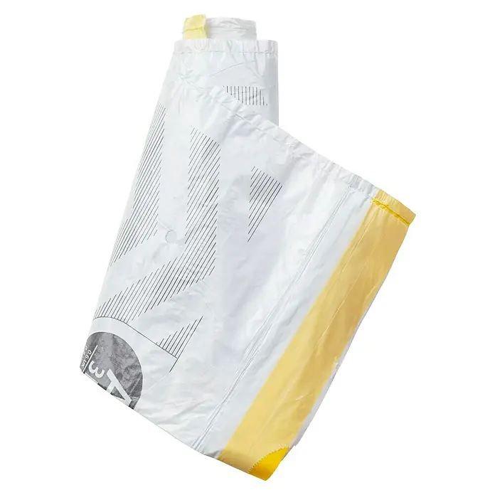 Brabantia Bolsas de basura PerfectFit - 3 l, 10 ud. - Un rollo de bolsas de basura transparentes A3 con bandas amarillas y rayas negras, sobre un fondo negro.