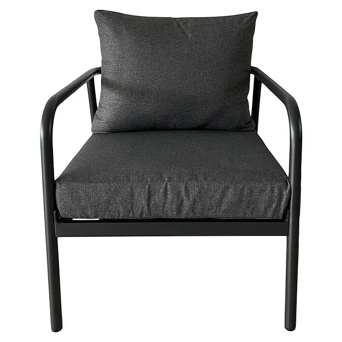 Loungesessel Olga - B x T x H: 67 x 76 x 63 cm, Schwarz/Grau - Ein dunkler Sessel mit Armlehnen und bequemen Kissen lädt zum Verweilen ein. Das schlichte Design passt perfekt in jeden Garten.