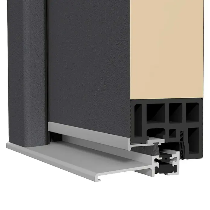 Splendoor Haustür Thermodoor PLUS SP70 - 110 x 210 cm, DIN Anschlag: Rechts, Anthrazitgrau Feinstruktur - Detailaufnahme eines Fensterprofils mit verschiedenen Materialien und Oberflächen für Bauwesen und Architektur.