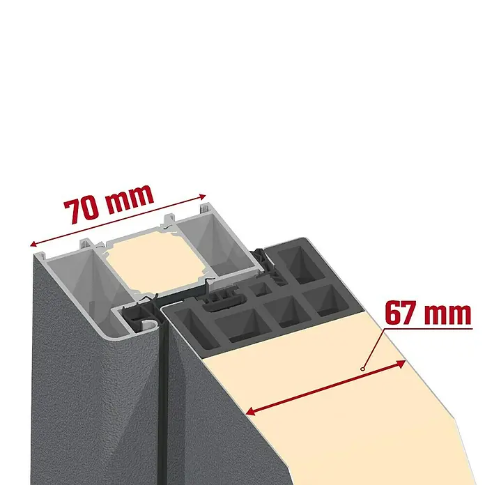 Splendoor Haustür Thermodoor PLUS SP10 - 110 x 210 cm, DIN Anschlag: Rechts, Anthrazitgrau Feinstruktur - Querschnitt eines Fensters mit den Maßen 70 mm und 67 mm.