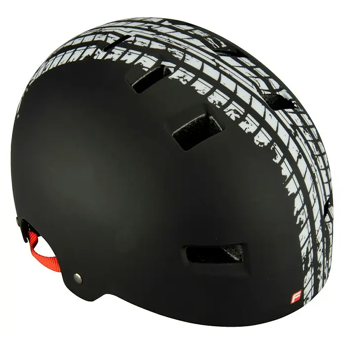 Fischer Fahrradhelm BMX Track - Größe: S/M 54 - 58 cm - Schwarzer Fahrradhelm mit weißem Reifenabdruck-Muster. Ideal für sicheres Radfahren in der Stadt oder im Gelände.