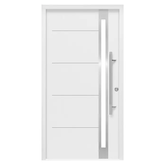 Splendoor Haustür Thermodoor PLUS SP30 - 100 x 210 cm, DIN Anschlag: Rechts, Verkehrsweiß - Moderne weiße Eingangstür mit Edelstahlgriff und Lichtausschnitt, die einladend und stilvoll wirkt.