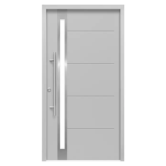 Splendoor Haustür Thermodoor PLUS SP30 - 100 x 210 cm, DIN Anschlag: Links, Verkehrsgrau - Zeitgenössische graue Tür mit horizontalen Akzenten und einem schlanken, vertikalen Griff.