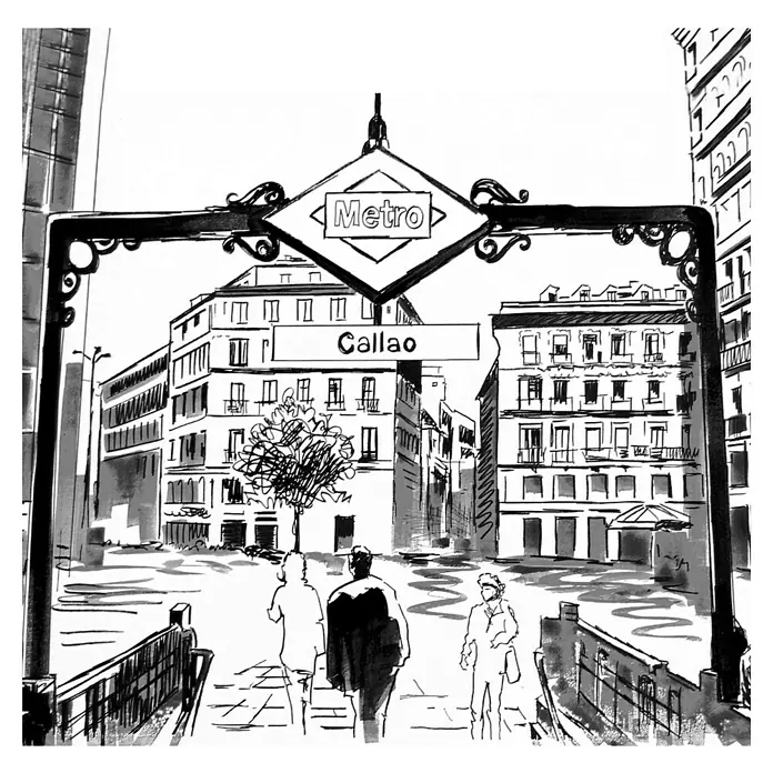 Cuadro pintado a mano Metro Madrid - Ciudad, An x Al: 40 x 40 cm - Boceto de la estación de metro de Callao en Madrid, España. La imagen muestra la entrada con el letrero de Metro y algunos peatones.
