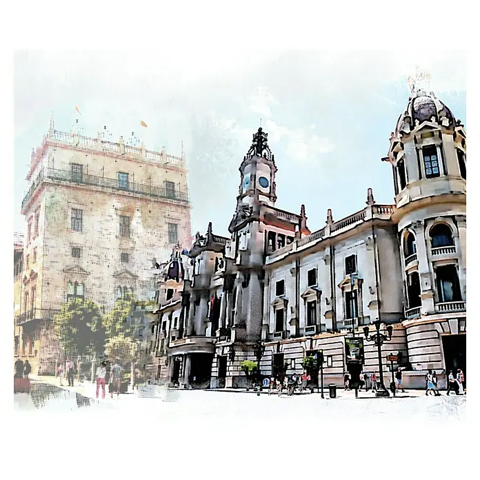 Cuadro pintado a mano Ayuntamiento Valencia - Ciudad, An x Al: 40 x 40 cm - Cautivadora pintura a la acuarela de un edificio histórico con torre y cúpula, destacando detalles arquitectónicos.