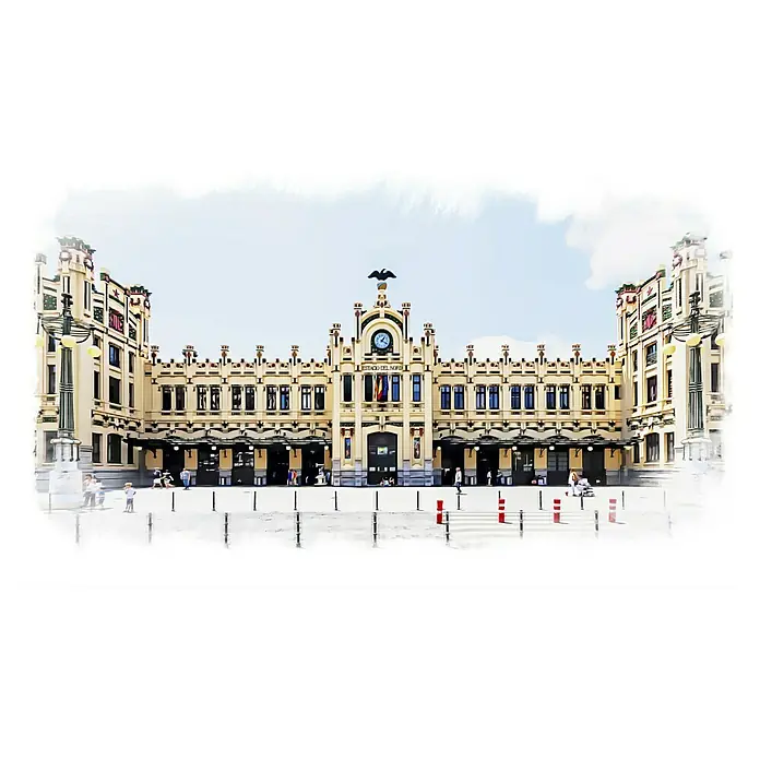 Cuadro pintado a mano Estación del Norte Valencia - Ciudad, An x Al: 135 x 80 cm - La Estació del Nord en Valencia, España, muestra su arquitectura única y el águila encaramada en la parte superior, un emblema de la ciudad.