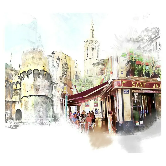 Cuadro pintado a mano Ciudad Valencia - Ciudad, An x Al: 40 x 40 cm - Imagen acuarela de una plaza animada con un café y arquitectura histórica, evocando una sensación de vacaciones y cultura.