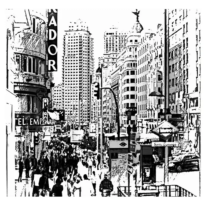 Cuadro pintado a mano Metropolitana Madrid - Ciudad, An x Al: 40 x 40 cm - Vista bulliciosa de la ciudad de Madrid con el edificio Metrópolis y multitud de gente en la calle.