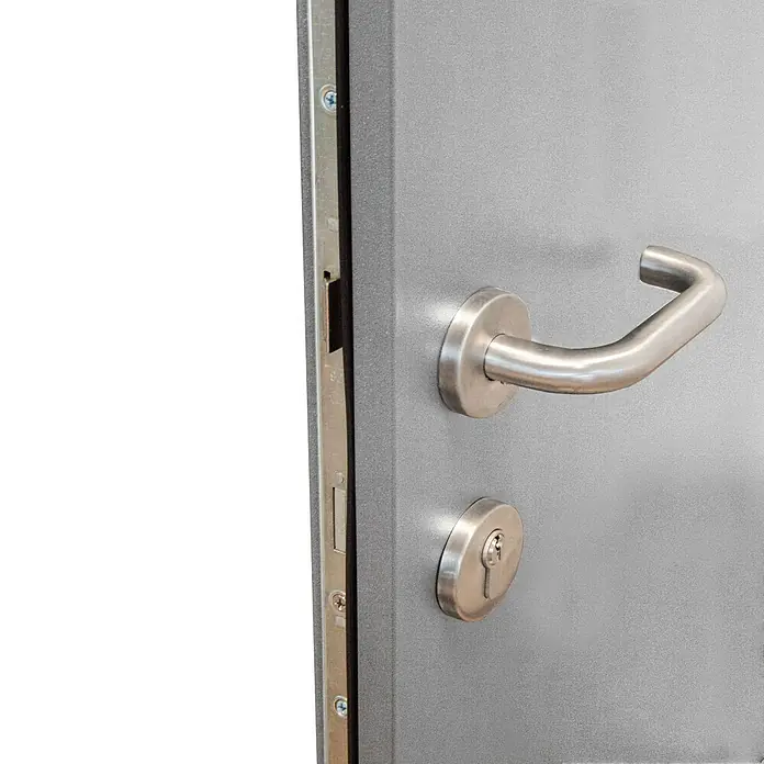 Splendoor Haustür Thermodoor PLUS SP30 - 100 x 210 cm, DIN Anschlag: Links, Verkehrsgrau - Nahaufnahme einer grauen Tür mit einem Griff und einem Schlüsselloch.