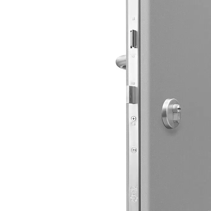 Splendoor Haustür Thermodoor PLUS SP30 - 100 x 210 cm, DIN Anschlag: Links, Verkehrsgrau - Graue Metalltür mit offenliegendem Schlossmechanismus, Griff und Schließzylinder.