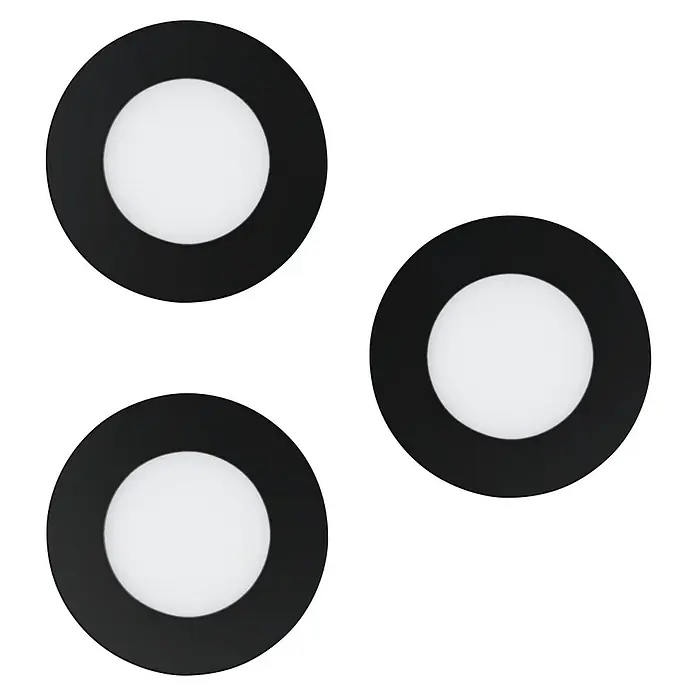 Eglo connect.z LED-Einbauleuchten-Set rund Fueva - Ø x H: 85 x 26 mm, 3 Stk., Mehrfarbig, Schwarz - Nahaufnahme von drei runden, schwarzen Deckenleuchten mit weißem Licht, die modernes Design und gute Beleuchtung vereinen.