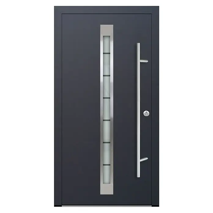 FM Türen Haustür DS92-520 - 100 x 200 cm, DIN Anschlag: Rechts, Anthrazit - Moderne Haustür in Anthrazit mit senkrechtem Glaseinsatz und langem, geraden Türgriff aus Metall.