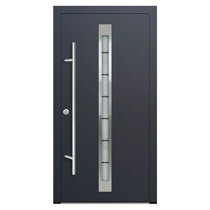 FM Türen Haustür DS92-520 - 100 x 220 cm, DIN Anschlag: Links, Anthrazit - Moderne Haustür in Anthrazit mit vertikalem Fensterband und langem, schlankem Türgriff. Das Design ist minimalistisch und elegant.
