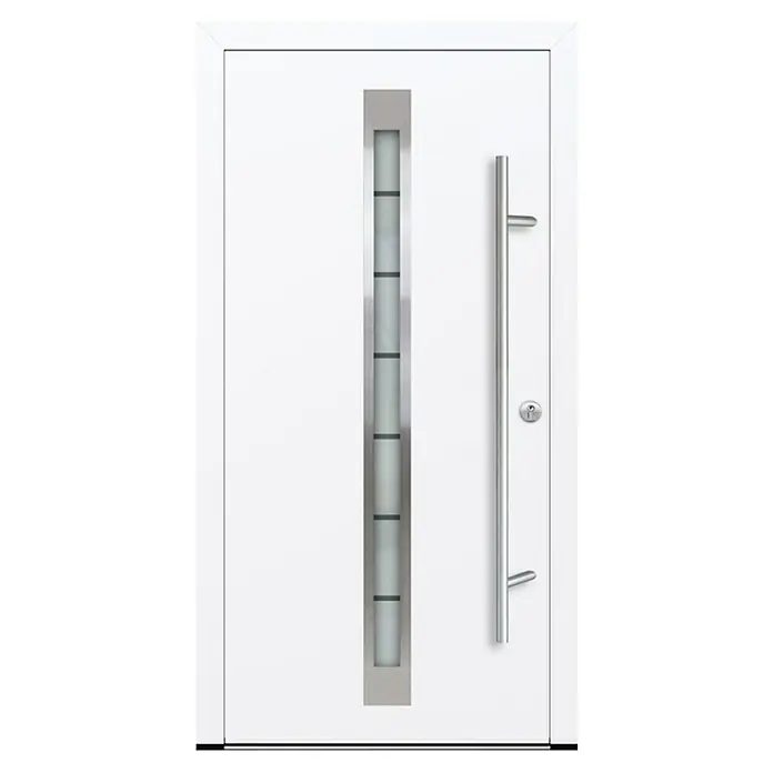 FM Türen Haustür DS92-520 - 100 x 200 cm, DIN Anschlag: Rechts, Weiß - Elegante weiße Haustür mit senkrechtem Glaseinsatz und modernem, langem Türgriff aus Edelstahl.