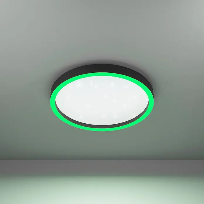 Eglo connect.z LED-Deckenleuchte MONTEMORELOS - 17,8 W, 2.150 lm, Lichtfarbe: RGB - Moderne LED-Deckenleuchte mit schwarzem Rand und grünem Lichtakzent, die ein helles, gleichmäßiges Licht spendet.