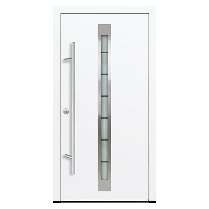 FM Türen Haustür DS92-520 - 100 x 210 cm, DIN Anschlag: Links, Weiß - Eine moderne, weiße Haustür mit einem schlanken, vertikalen Fensterband und einem eleganten, langen Türgriff aus Edelstahl.