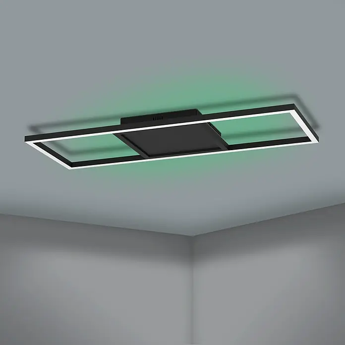 Eglo connect.z LED-Deckenleuchte CALAGRANO - 21 W, 2.600 lm, Lichtfarbe: RGBW - Schwarze LED-Deckenleuchte mit rechteckigem Design und grüner Akzentbeleuchtung für eine moderne Raumgestaltung.