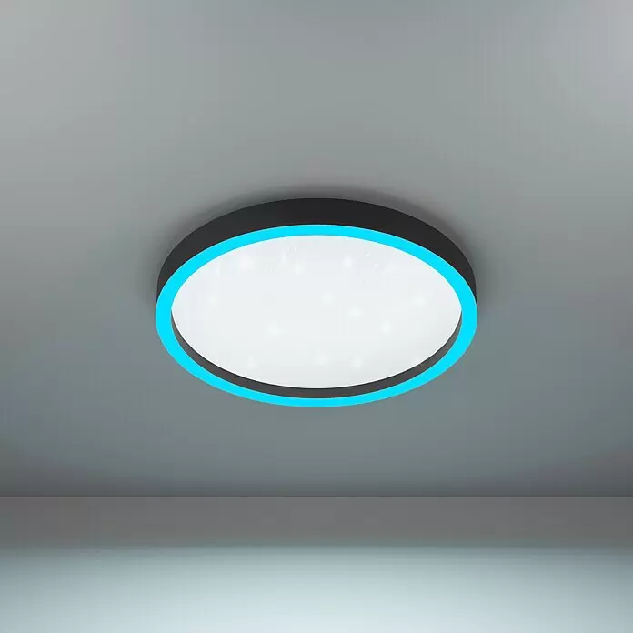 Eglo connect.z LED-Deckenleuchte MONTEMORELOS - 17,8 W, 2.150 lm, Lichtfarbe: RGB - Runde LED-Deckenleuchte mit schwarzem Rahmen, blauer Akzentbeleuchtung und funkelndem weißem Licht.