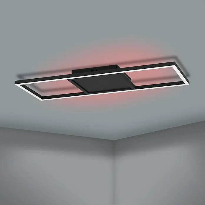 Eglo connect.z LED-Deckenleuchte CALAGRANO - 21 W, 2.600 lm, Lichtfarbe: RGBW - Modernes Deckenelement mit schwarzem Rahmen und roter Beleuchtung, ideal für stilvolle Raumgestaltung.